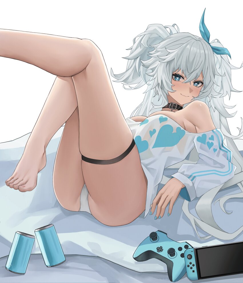 1girl, absurdres, alternate_costume, aqua_eyes, ass, bare_shoulders, barefoot, bed