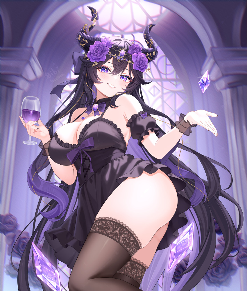 1girl, absurdres, armpit_crease, bare_shoulders, bibixart, black_dress, black_hair, black_horns, black_nails, black_thighhighs, blush, bow, breasts, cleavage, commentary, commission, cup, detached_sleeves, diamond_(gemstone), double-parted_bangs, dress, dress_bow, drinking_glass, flower, frilled_wrist_cuffs, frills, gem, glint, hair_between_eyes, hair_bow, hair_flower, hair_ornament, hand_up, head_tilt, highres, holding, holding_cup, horns, indie_virtual_youtuber, indoors, lace, lace-trimmed_thighhighs, lace_trim, large_breasts, leaf_hair_ornament, looking_at_viewer, multicolored_hair, nail_polish, object_floating_above_hand, parted_lips, purple_bow, purple_eyes, purple_flower, purple_gem, purple_hair, purple_rose, rose, see-through_clothes, see-through_wrist_cuffs, smile, socks, stained_glass, swept_bangs, untranslatable_commentary, thighhighs, thighs, unjaded_(vtuber), virtual_youtuber, wine_glass, wrist_cuffs