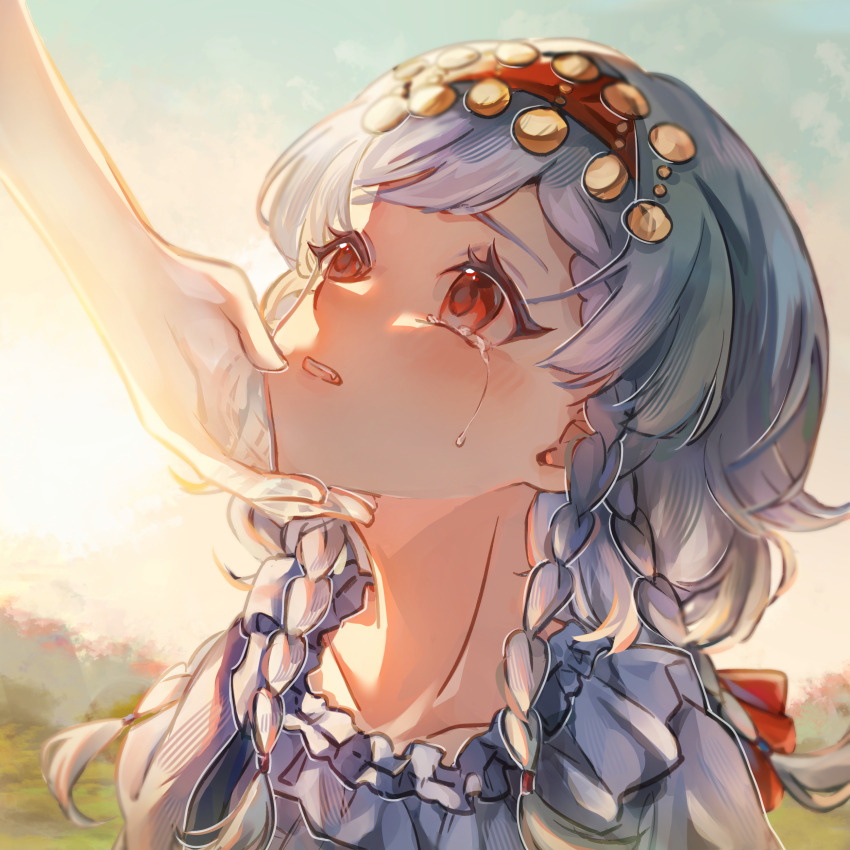 1girl, 1other, absurdres, blue_sky, crying, crying_with_eyes_open, day, facing_up, hairband, hand_on_another's_chin, highres, long_hair, looking_up, parted_lips, portrait, quad_braids, red_eyes, red_hairband, reverse:1999, rubuska, shirt, sky, streaming_tears, sunlight, tears, white_hair, white_shirt, yi_zui_hua_yue