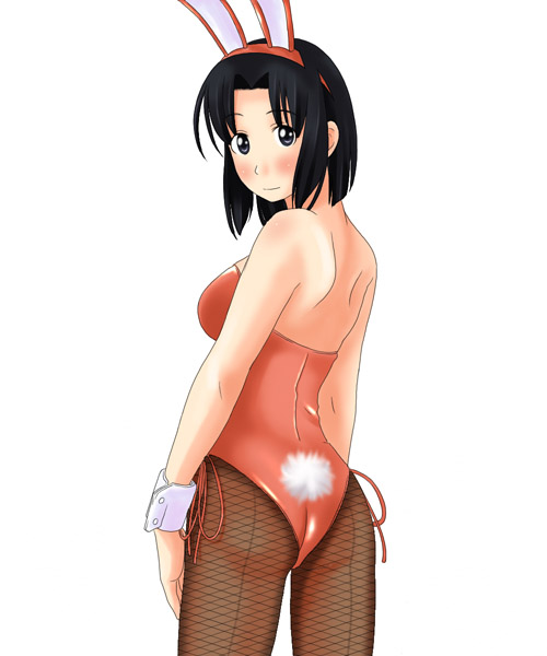 00s, 1girl, animal_ears, ass, back, bare_back, black_eyes, black_hair