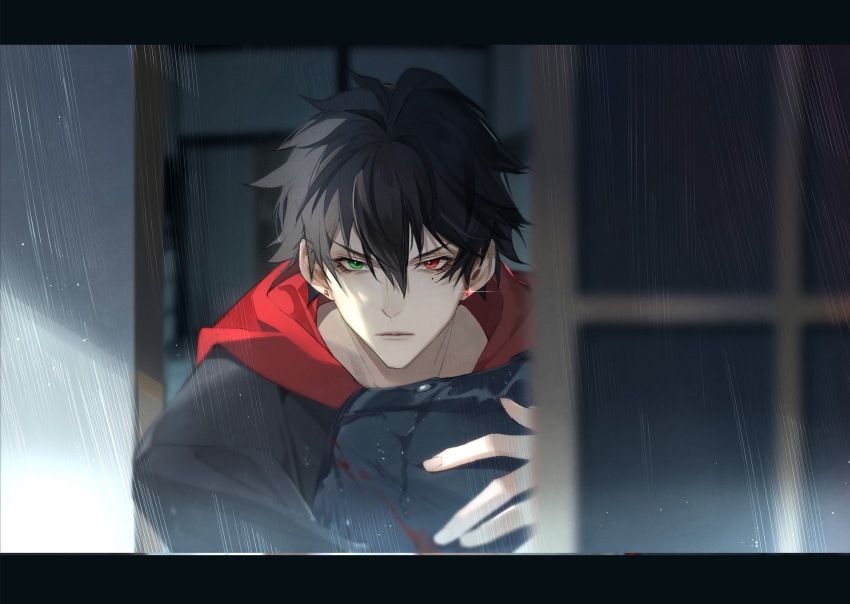 2boys, aohitsugi_samatoki, aohitsugi_samatoki_(tdd_era), black_hair, black_jacket, blood, blood_on_clothes, blurry