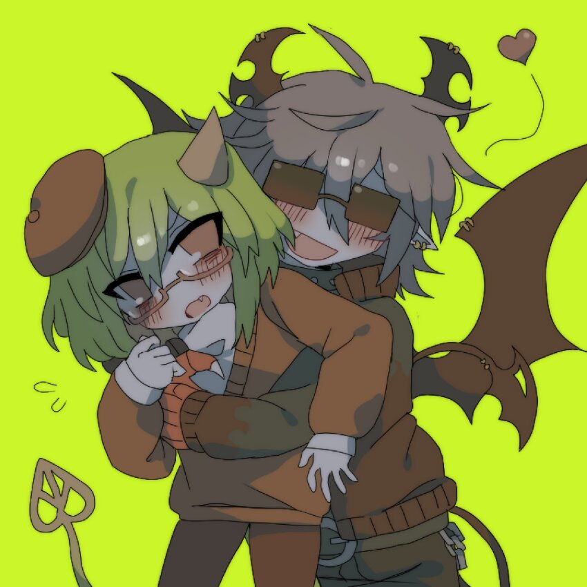 1boy, 1girl, ahoge, blush, brown_hair, brown_wings, collar, colored_skin