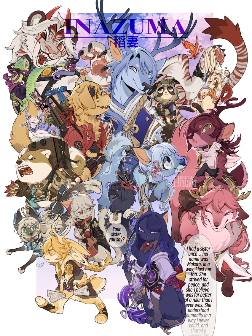 aether_(genshin_impact), animalization, arataki_itto, ayaka_(genshin_impact), back_bow, bird, bird_girl, blonde_hair