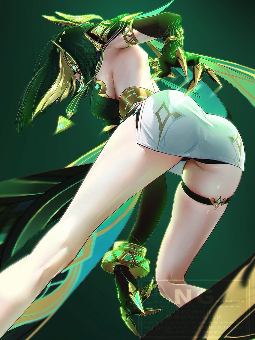1girl, absurdres, ancient_egyptian_clothes, ass, breasts, claws, commentary, fake_claws, from_behind, genshin_impact, green_background, green_hair, green_shirt, highres, medium_breasts, miniskirt, nefer_(genshin_impact), nmaywo, shirt, short_hair, skindentation, skirt, solo, untranslatable_commentary, thigh_strap, watermark, white_skirt