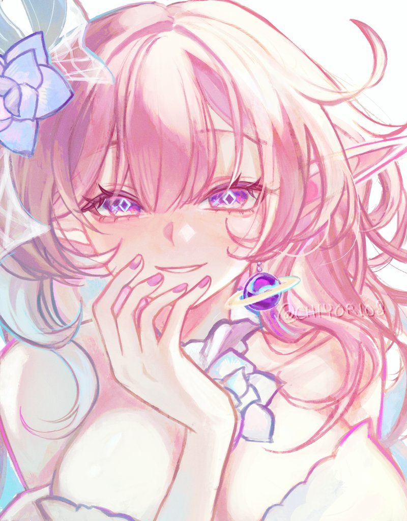 1girl, bare_shoulders, breasts, chiyori08, cleavage, commentary, cyrene_(honkai:_star_rail), cyrene_(demiurge)_(honkai:_star_rail)