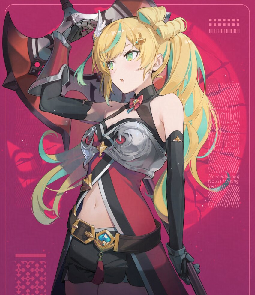 1girl, :o, absurdres, aqua_hair, arm_up, armor, axe, battle_axe