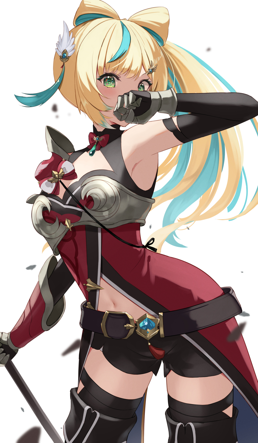 1girl, absurdres, aqua_hair, arm_up, armor, armpits, axe, battle_axe