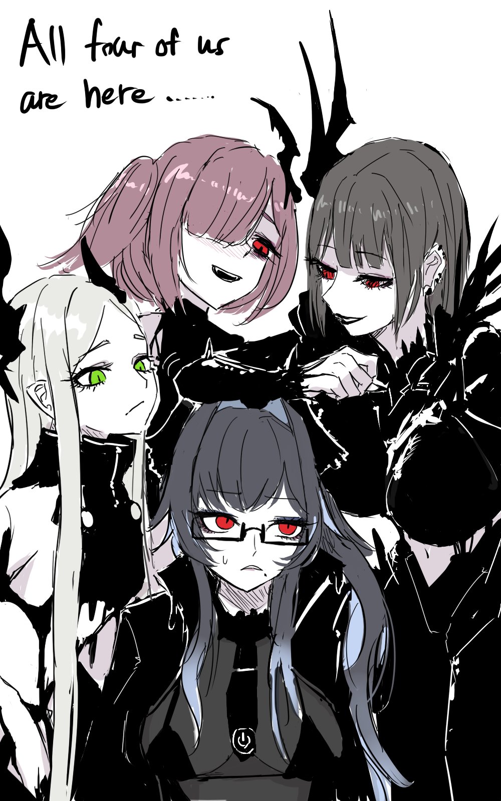 4girls, bahamut_(nikke), behemoth_(nikke), black_horns, black_liquid, english_text, fantomyu, glasses