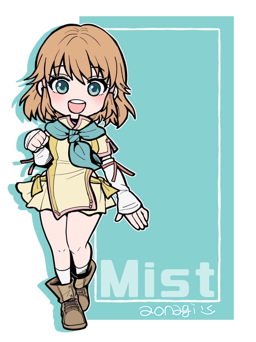 1girl, aonagimay, artist_name, bare_legs, blue_eyes, blue_scarf, breasts, brown_hair, character_name, fingerless_gloves, fire_emblem, fire_emblem:_path_of_radiance, gloves, hair_tubes, highres, mist_(fire_emblem), nintendo, open_mouth, scarf, small_breasts, socks, teeth, upper_teeth_only, white_socks