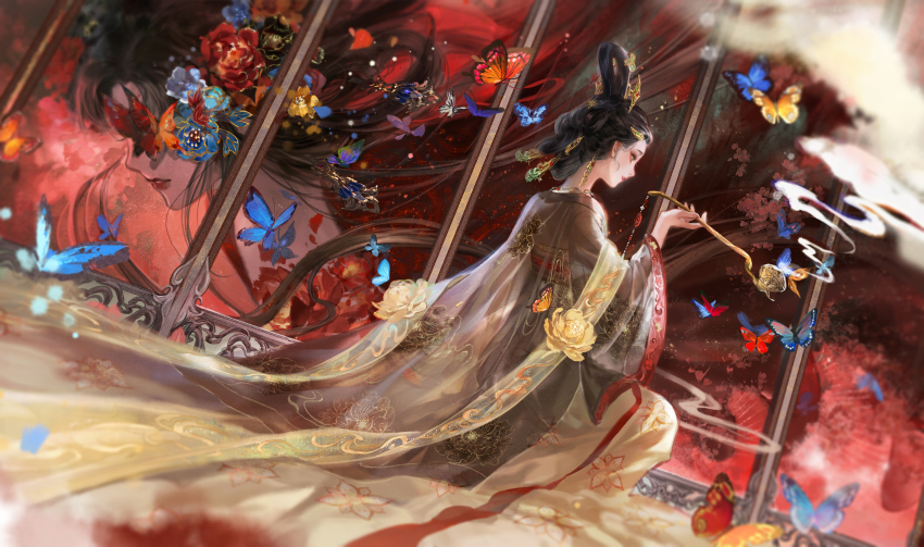 2girls, bamboo_screen, black_hair, blue_butterfly, into_screen_ashes_burn_(shining_nikki), brown_eyes, brown_hanfu, bug