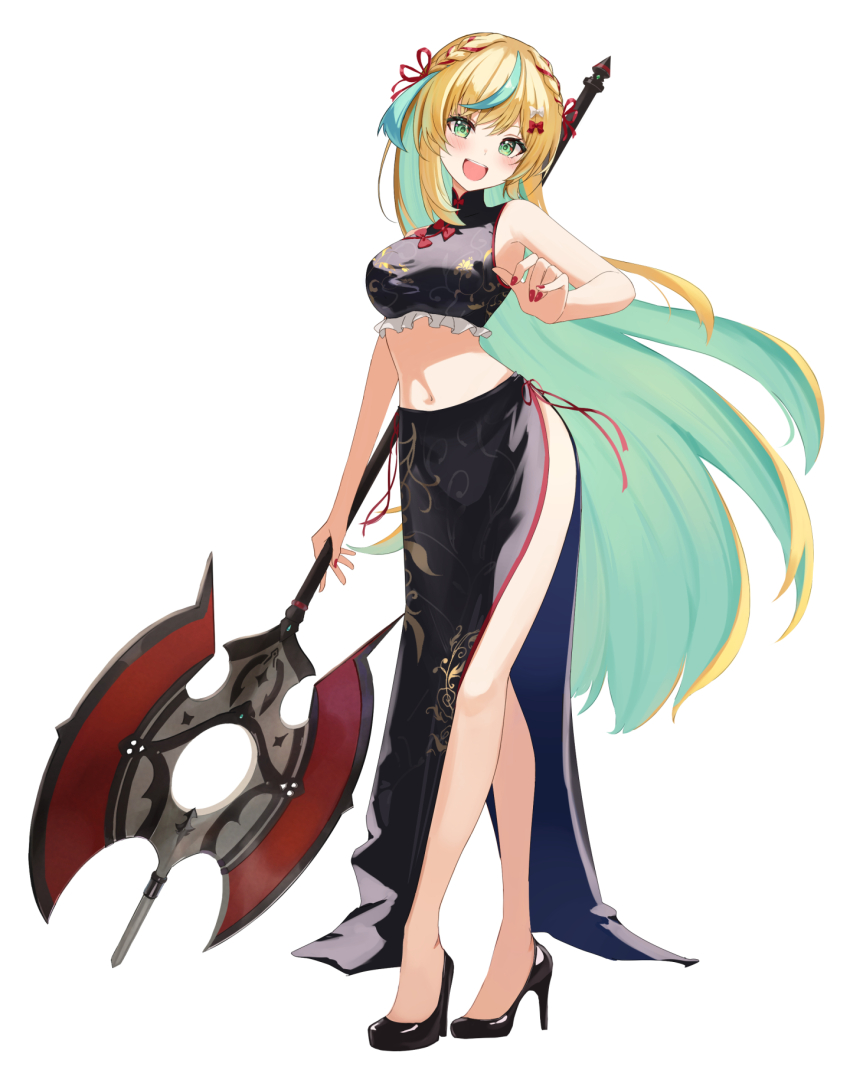 1girl, :d, aqua_hair, arm_up, armpits, axe, bare_shoulders, battle_axe