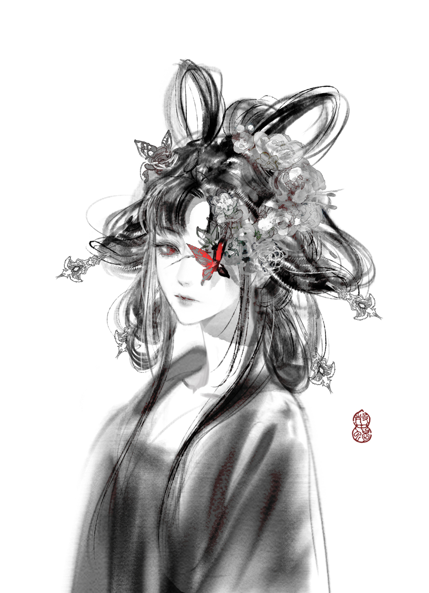 1girl, absurdres, into_screen_ashes_burn_(shining_nikki), bug, butterfly, butterfly_hair_ornament, butterfly_in_eye, camellia