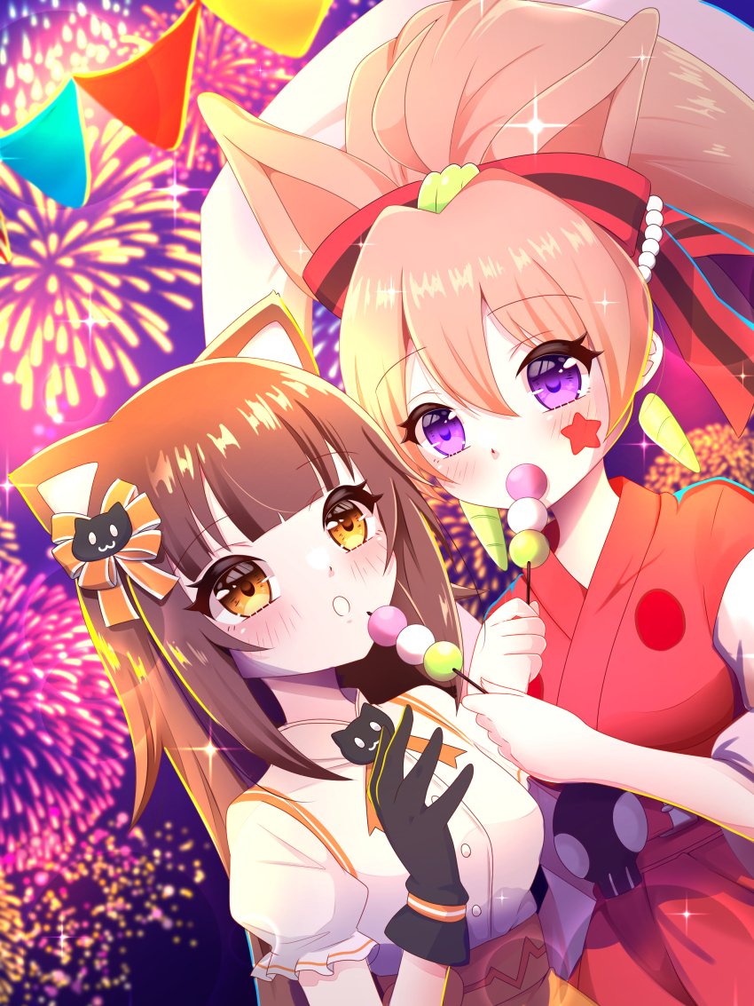 2girls, absurdres, aerial_fireworks, animal_ears, anjou_seira, black_gloves, blush, bow, brown_eyes, brown_hair, cat_ears, cosplay, cotton_candy, dango, eating, fireworks, food, gloves, hair_bow, highres, holding, holding_food, japanese_clothes, kimono, long_hair, maimai_(game), multiple_girls, open_mouth, otohime_(maimai), otohime_(maimai)_(cosplay), ponytail, purple_eyes, sasuga_chisa, shama_(maimai), shama_(maimai)_(cosplay), sparkle, very_long_hair, wagashi, wide_sleeves, world_dai_star, yanagiba_panda