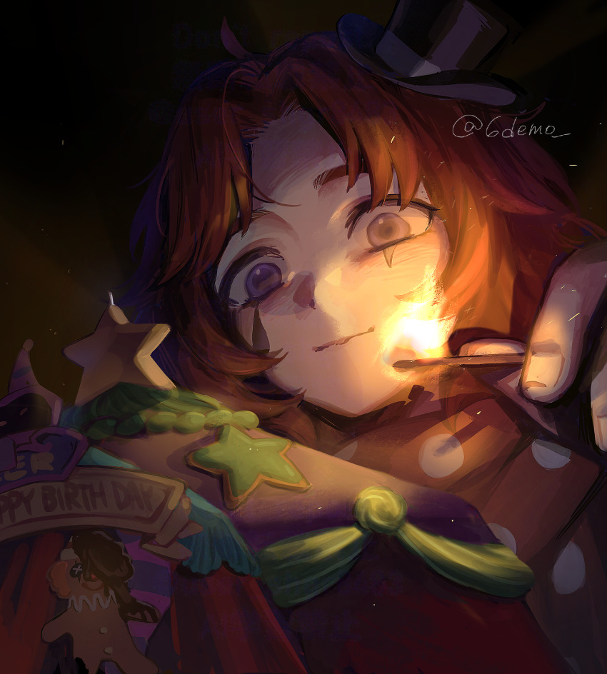 1boy, 6demo, blue_eyes, facepaint, facial_mark, fire, hair_intakes, happy_birthday