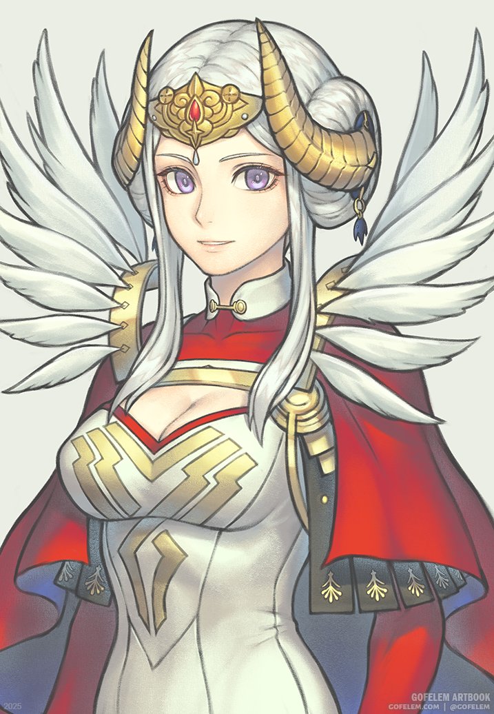 1girl, breasts, cape, cleavage, cleavage_cutout, clothing_cutout, double_bun, dress, edelgard_von_hresvelg, edelgard_von_hresvelg_(adrestian_emperor), edelgard_von_hresvelg_(adrestian_emperor)_(resplendent), edelgard_von_hresvelg_(timeskip), fake_horns, feather_trim, feathers, fire_emblem, fire_emblem:_three_houses, fire_emblem_heroes, gofelem, hair_bun, hair_ornament, headpiece, horns, large_breasts, long_hair, looking_at_viewer, nintendo, official_alternate_costume, parted_lips, purple_eyes, red_cape, simple_background, smile, solo, upper_body, white_background, white_dress, white_hair