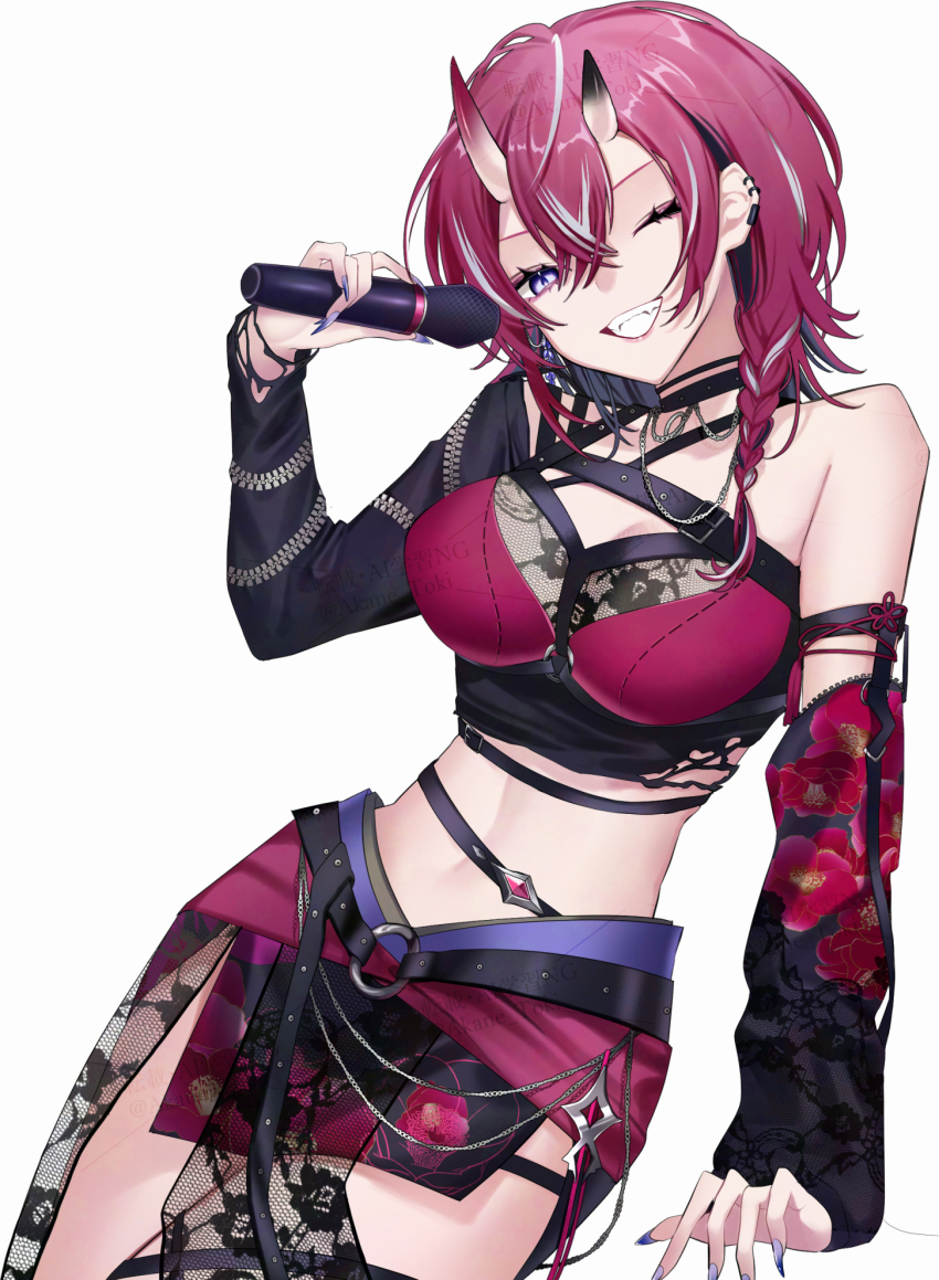 1girl, akane_toki, belt, black_belt, black_hair, braid, breasts, colored_inner_hair