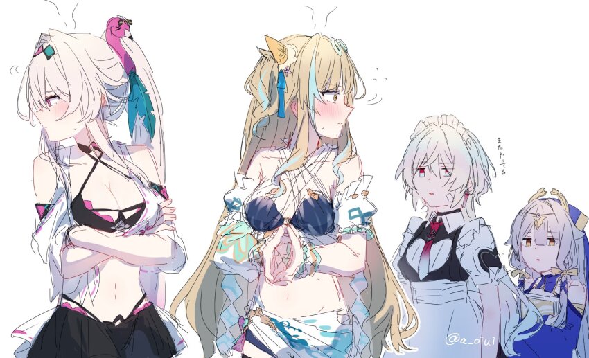 4girls, a_oiui, alternate_costume, apron, arms_under_breasts, averting_eyes, bare_shoulders, bikini