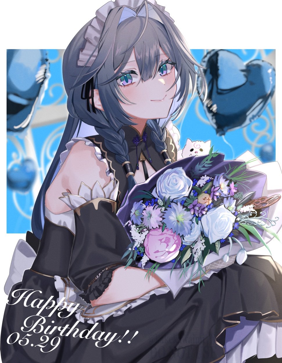 1girl, balloon, black_dress, blurry, blurry_background, bouquet, braid, closed_mouth