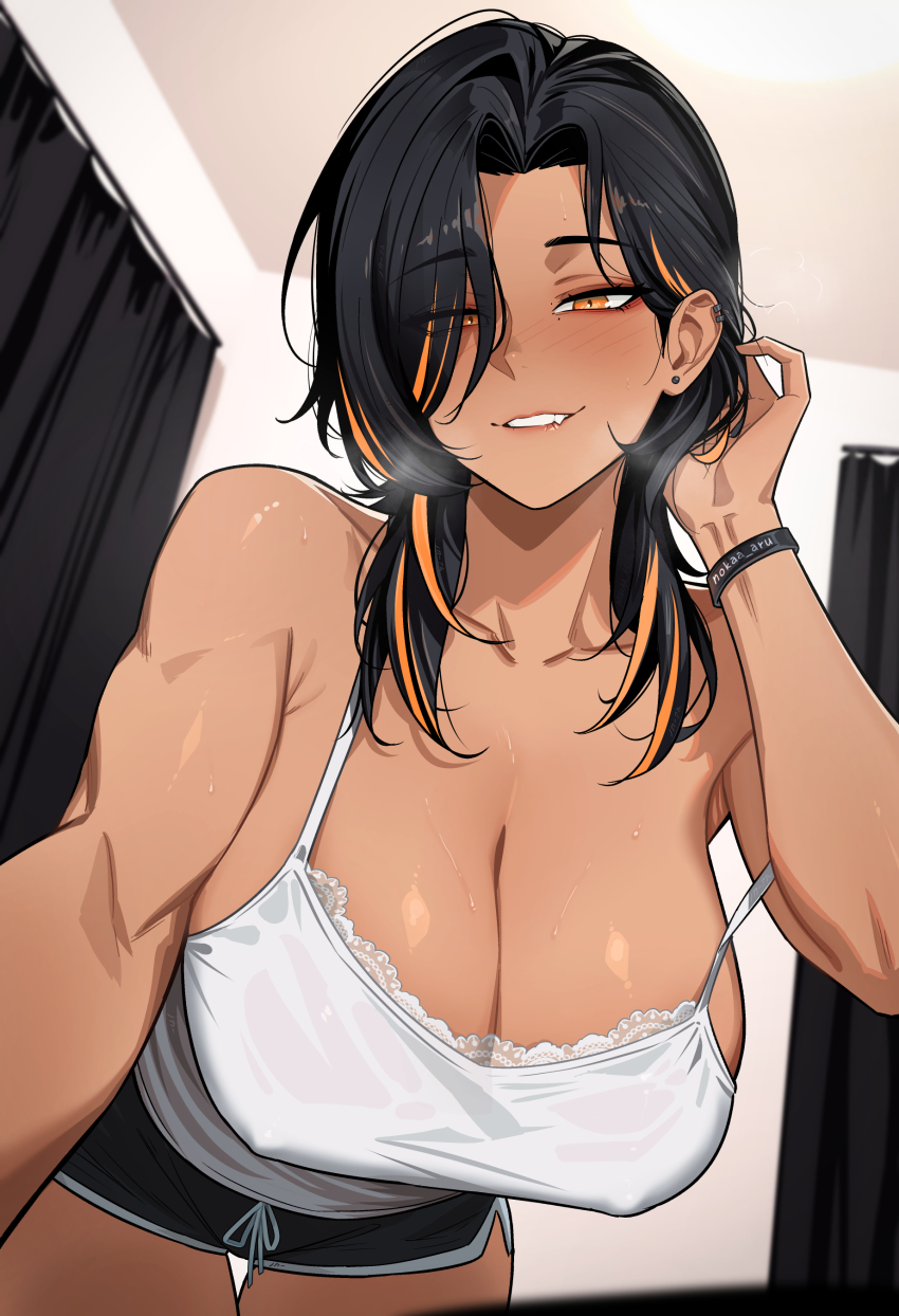 1girl, absurdres, adjusting_hair, artist_name, bare_arms, bare_shoulders, biting_own_lip, black_hair, black_shorts, blush, breasts, breath, camisole, cleavage, collarbone, covered_erect_nipples, curtained_hair, curtains, dark-skinned_female, dark_skin, dolphin_shorts, ear_piercing, earclip, earrings, hair_over_one_eye, hand_in_own_hair, hand_up, hanging_breasts, highres, hotaru_(nokaa_aru), indoors, jewelry, large_breasts, leaning_forward, looking_at_viewer, medium_hair, mole, mole_under_eye, multicolored_hair, nokaa_aru, orange_eyes, orange_hair, orange_streaks, original, parted_bangs, piercing, short_shorts, shorts, smile, solo, strap_slip, streaked_hair, stud_earrings, sweat, thigh_gap, thighs, twitter_username, white_camisole, wolf_cut, wrist_straps