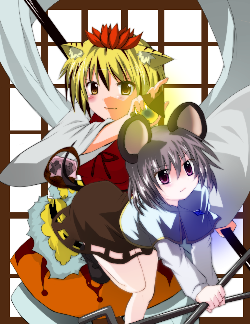 2girls, animal_ears, blonde_hair, blush, capelet, dress, female_focus, gem, grey_hair, hachimitsu_(honey_xxxx), hair_ornament, jewelry, kemonomimi_mode, mouse_ears, mouse_tail, multiple_girls, nazrin, nekonekoknight, pendant, purple_eyes, pyramid_(structure), short_hair, smile, tail, tiger_ears, toramaru_shou, touhou, weapon, wide_sleeves, yellow_eyes