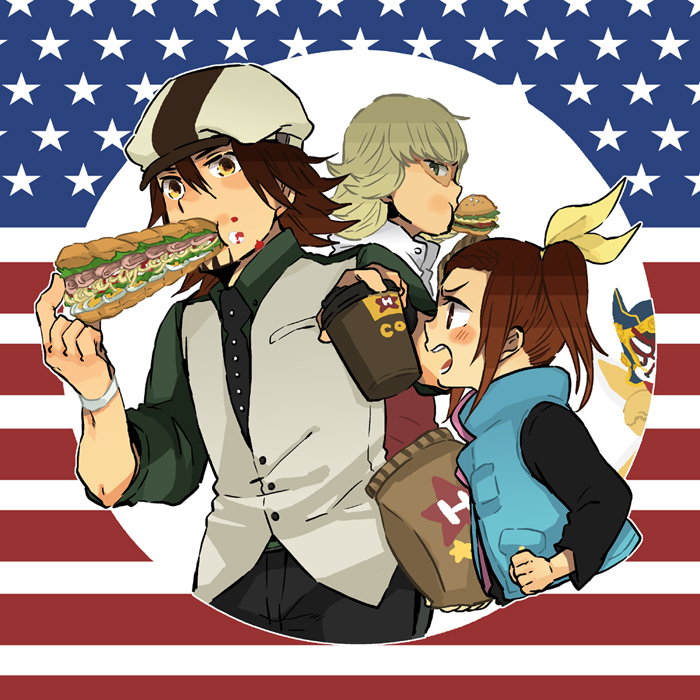 10s, 1girl, 2boys, age_difference, american_flag, bad_id, bad_pixiv_id, barnaby_brooks_jr., blonde_hair, braid, braided_bangs, brown_eyes, brown_hair, burger, eating, eishi2003, facial_hair, father_and_child, father_and_daughter, food, glasses, green_eyes, hat, ivan_karelin, jacket, jewelry, kaburagi_kaede, kaburagi_t._kotetsu, ketchup, multiple_boys, necklace, necktie, newsboy_cap, origami_cyclone, parent_and_child, red_jacket, sandwich, short_hair, side_ponytail, stubble, submarine_sandwich, tiger_&amp;_bunny, united_states, vest, waistcoat