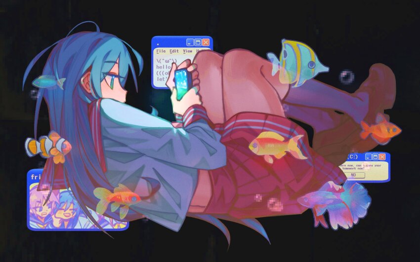 1girl, ahoge, black_background, blue_hair, brown_shoes, bubble, censored, film_grain