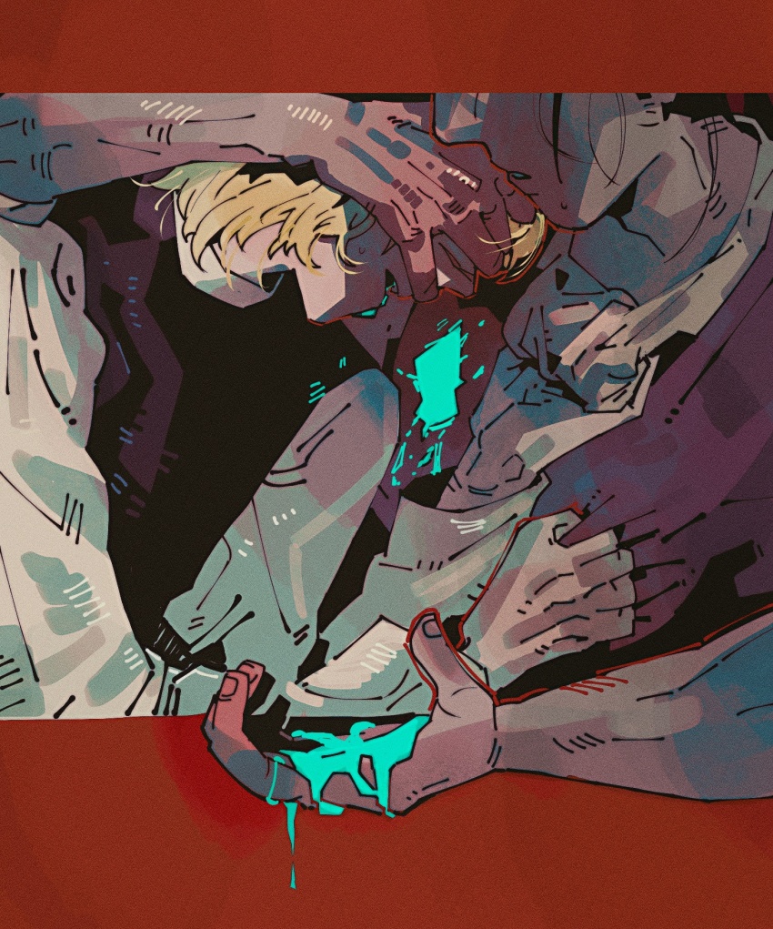 2boys, arm_around_neck, badeni, black_hair, black_tunic, blonde_hair, border, brown_vest