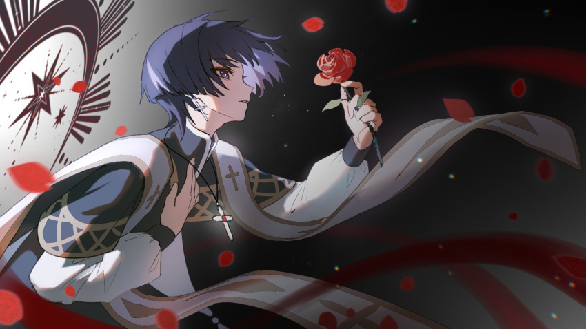 1boy, alternate_costume, alternate_universe, black_background, black_robe, blue_pupils, chinese_commentary, christianity