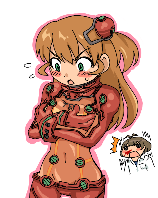 2girls, akizuki_ryo, blood, blush, bodysuit, breasts, cosplay, covering_breasts, covering_privates, green_eyes, idolmaster, idolmaster_dearly_stars, look-alike, mecha_pilot_suit, multiple_girls, neon_genesis_evangelion, nosebleed, orange_hair, plugsuit_(evangelion), rebuild_of_evangelion, sakurai_yumeko, side_ponytail, souryuu_asuka_langley, souryuu_asuka_langley_(cosplay), sweat, test_plugsuit_(evangelion), yashiroku