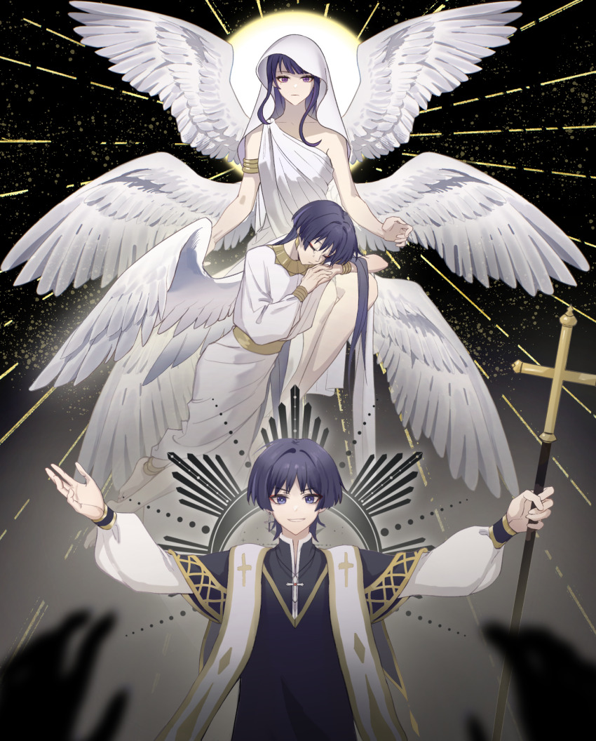 1boy, 1girl, 2boys, alternate_costume, alternate_universe, ancient_greek_clothes, angel, angel_wings, anklet, armlet, bare_legs, bare_shoulders, biblically_accurate_angel, black_background, blue_eyes, blue_hair, blue_pupils, blunt_bangs, blurry, bracelet, chinese_commentary, christianity, clenched_teeth, clerical_collar, closed_mouth, collarbone, commission, cross, cross_necklace, depth_of_field, dress, dual_persona, expressionless, eyeliner, feathered_wings, floating, genshin_impact, glowing, gradient_hair, greco-roman_clothes, head_rest, highres, holding, holding_cross, holding_staff, invisible_chair, jewelry, leaning_on_person, leaning_to_the_side, light_rays, long_hair, long_sleeves, looking_at_viewer, makeup, mole, mole_under_eye, mother_and_child, mother_and_son, multicolored_eyes, multicolored_hair, multiple_boys, multiple_others, necklace, parent_and_child, priest, purple_eyes, purple_hair, raiden_shogun, red_eyeliner, robe, roman_clothes, scaramouche_(genshin_impact), shade, shadow, shimao141, short_hair, sitting, sleeping, sleeveless, smile, staff, standing, sun, teeth, upper_body, veil, wanderer_(genshin_impact), white_dress, white_veil, white_wings, wings