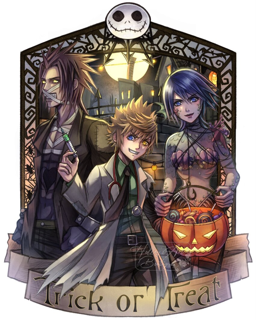 1girl, 2boys, aqua_(kingdom_hearts), artist_name, bandaged_chest, bandaged_head, bandages, bikini