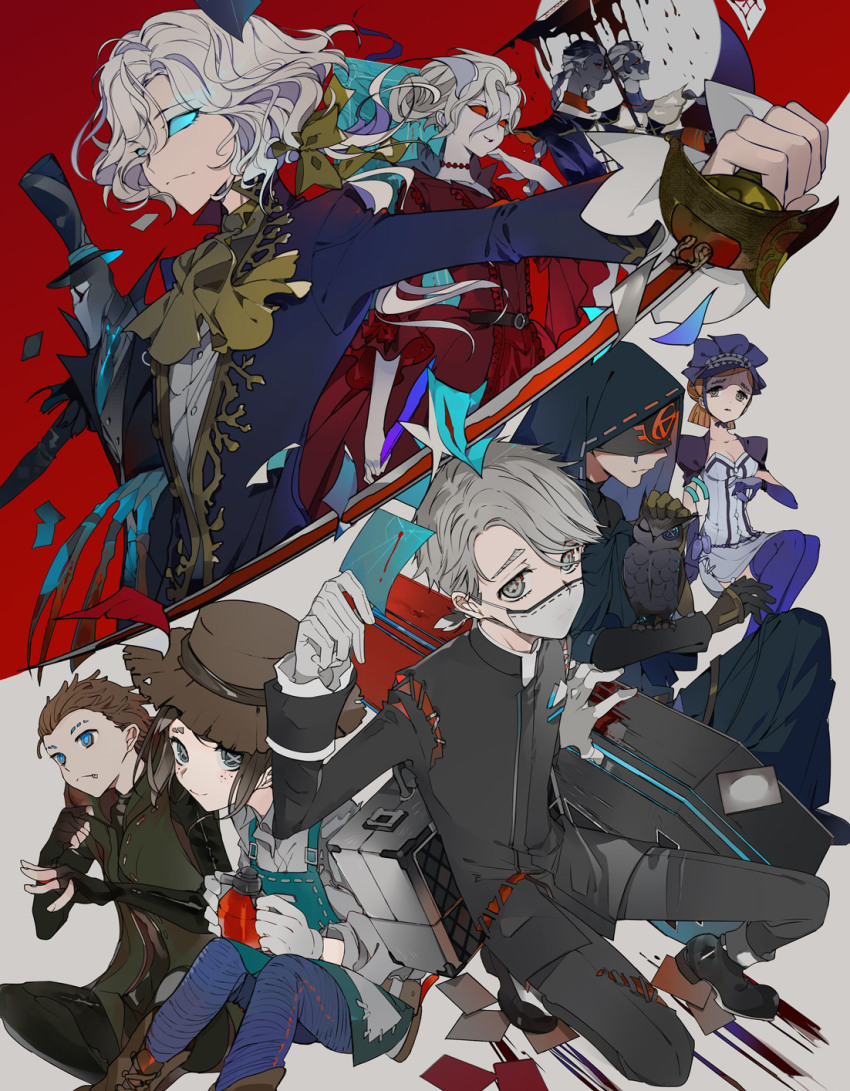 3girls, 6+boys, aesop_carl, alternate_hair_length, alternate_hairstyle, annotated, apron, ascot