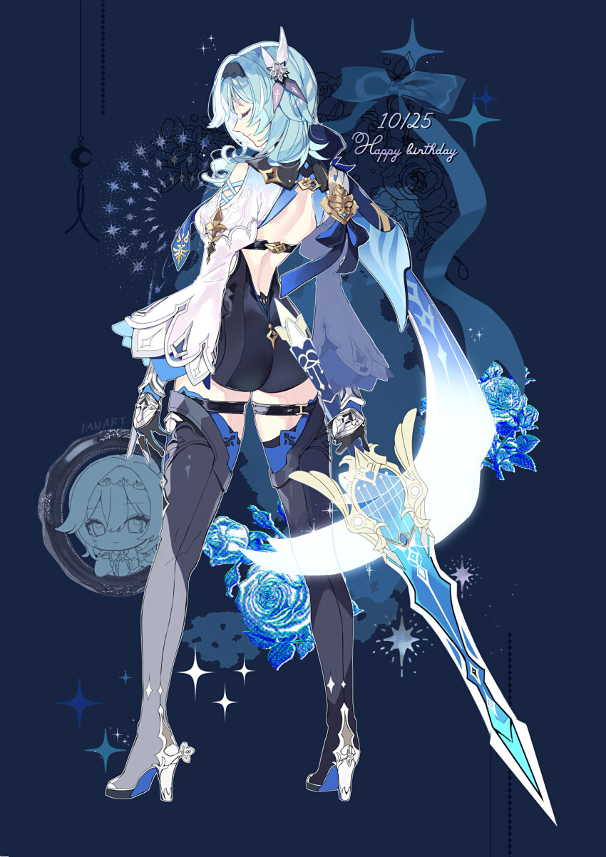 1girl, ass, backless_outfit, black_boots, black_hairband, black_unitard, blue_hair, blue_necktie