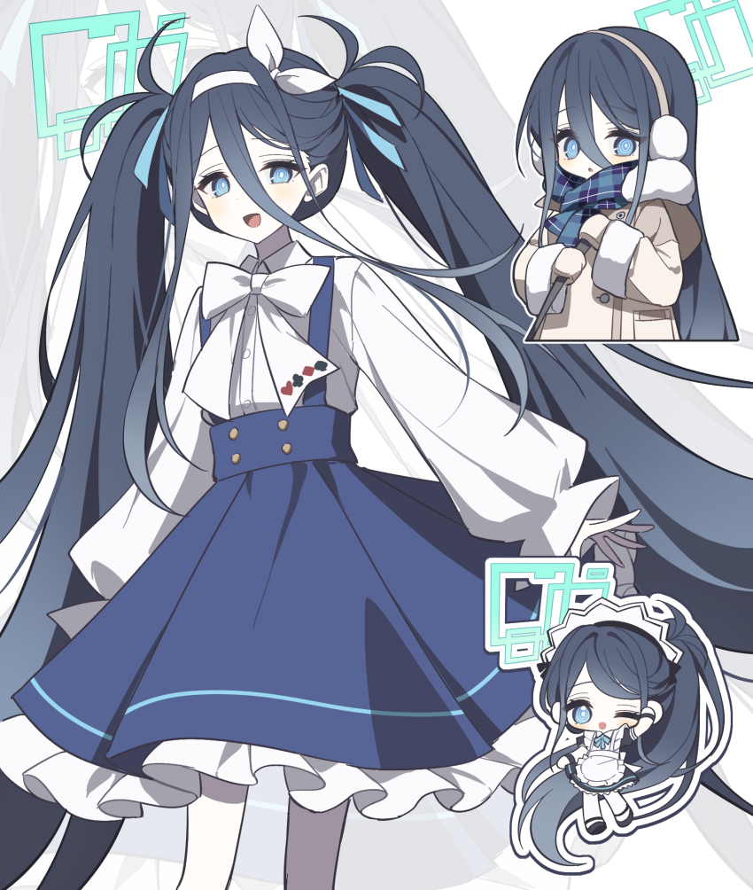 1girl, :d, ;d, absurdly_long_hair, apron, aqua_eyes, aqua_halo, aris_(blue_archive), aris_(maid)_(blue_archive), aris_(winter)_(blue_archive), black_dress, black_hair, black_shoes, black_wrist_cuffs, blue_archive, blue_scarf, blue_skirt, bow, bowtie, bright_pupils, brown_coat, buttons, chibi, chibi_inset, club_(shape), coat, collared_shirt, commentary, cropped_torso, diamond_(shape), double-breasted, double-parted_bangs, dress, earmuffs, feet_out_of_frame, frilled_apron, frilled_skirt, frills, fur-trimmed_coat, fur-trimmed_sleeves, fur_trim, hair_between_eyes, hair_bow, hairband, halo, heart, high-waist_skirt, highres, holding_strap, hood, hood_down, hooded_coat, long_bangs, long_hair, long_hair_between_eyes, long_sidelocks, long_sleeves, looking_at_viewer, maid, maid_apron, maid_headdress, mulook, multicolored_scarf, multiple_views, official_alternate_costume, official_alternate_hairstyle, one_eye_closed, open_mouth, outline, pantyhose, parted_bangs, parted_lips, plaid_clothes, plaid_scarf, pocket, ponytail, puffy_long_sleeves, puffy_short_sleeves, puffy_sleeves, purple_scarf, rectangular_halo, ringed_eyes, scarf, shirt, shirt_tucked_in, shoes, short_sleeves, sidelocks, skirt, smile, spade_(shape), suspender_skirt, suspenders, twintails, very_long_hair, white_apron, white_background, white_bow, white_bowtie, white_hairband, white_outline, white_pantyhose, white_pupils, white_shirt, winter_clothes, winter_coat, wrist_cuffs, zoom_layer