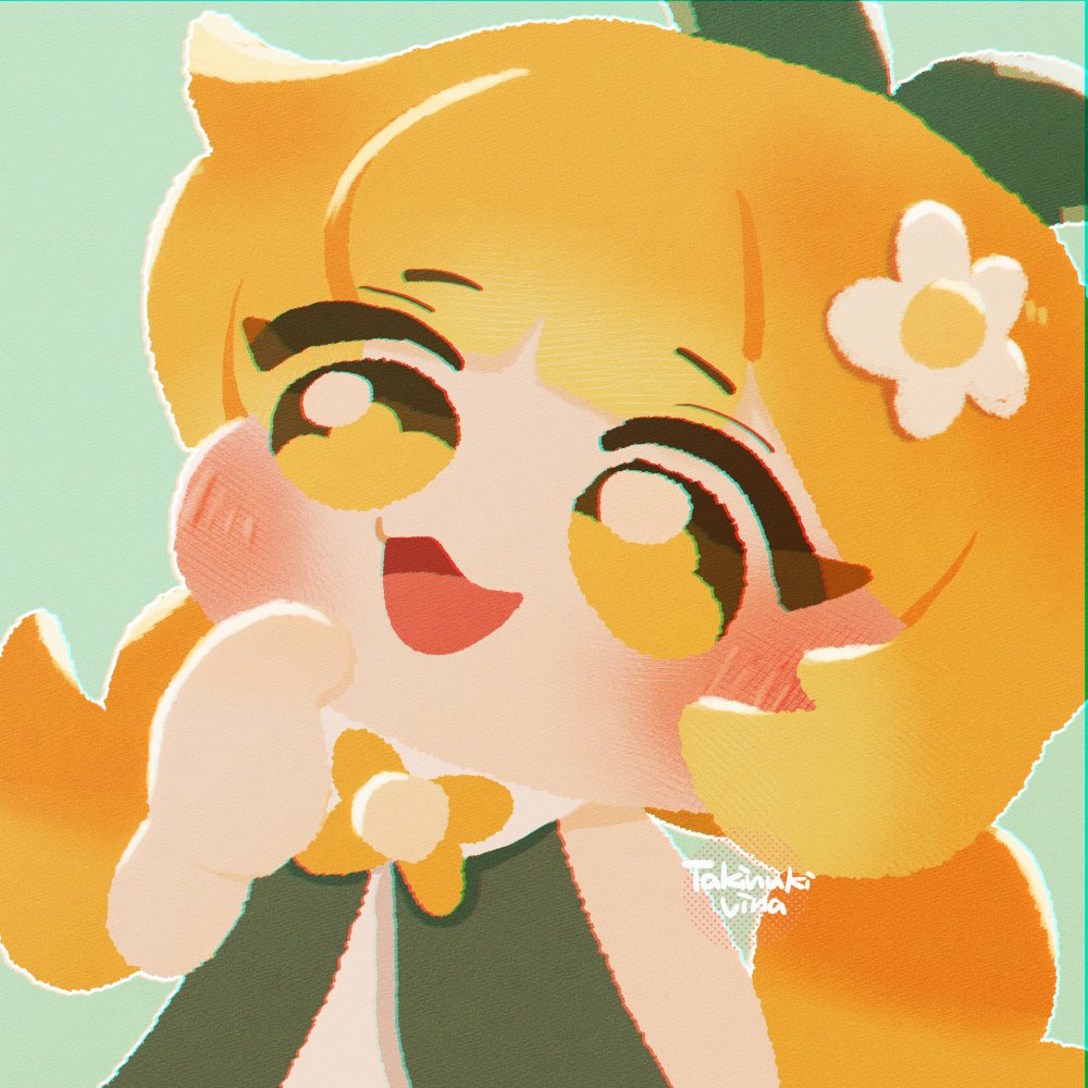 1girl, blonde_hair, blue_background, blush, chibi, commentary_request, dress, finger_to_own_chin