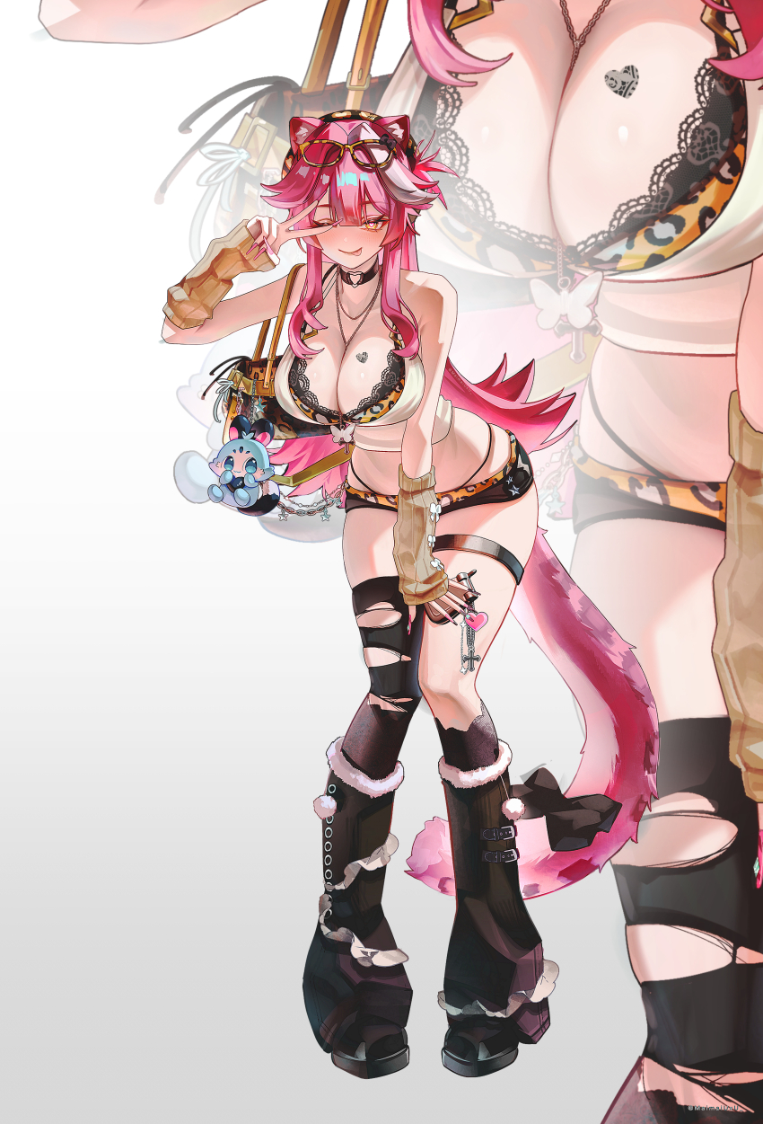 1girl, absurdres, animal_ears, animal_print, bag, bare_shoulders, between_breasts, black_bow, black_choker, black_leg_warmers, black_shoes, black_shorts, black_socks, black_thighhighs, blush, bow, bow_tattoo, bra, breast_tattoo, breasts, brown_bag, brown_sleeves, butterfly_necklace, cellphone, chattino_(raora_panthera), choker, cleavage, closed_mouth, commentary, cross, detached_sleeves, eyewear_on_head, fingernails, flip_phone, handbag, heart, heart_choker, heart_in_eye, heart_o-ring, heart_tattoo, highres, holding, holding_phone, hololive, hololive_english, hppu8734, jewelry, large_breasts, leaning_forward, leaning_to_the_side, leg_warmers, leopard_print, leopard_print_bra, leopard_print_panties, long_fingernails, long_hair, looking_at_viewer, multicolored_hair, nail_polish, necklace, necklace_between_breasts, o-ring, o-ring_choker, one_eye_closed, panther_ears, panther_girl, panther_tail, panties, phone, pink_hair, pink_nails, pink_tail, print_bra, print_panties, raora_panthera, ribbed_sleeves, shirt, shoes, shorts, single_thighhigh, smile, socks, streaked_hair, symbol_in_eye, tail, tattoo, thighhighs, thighs, tongue, tongue_out, torn_clothes, torn_thighhighs, twitter_username, underwear, v, v_over_eye, virtual_youtuber, white_background, white_bow, white_shirt, yellow-framed_eyewear, yellow_bra, yellow_eyes, yellow_panties, zoom_layer