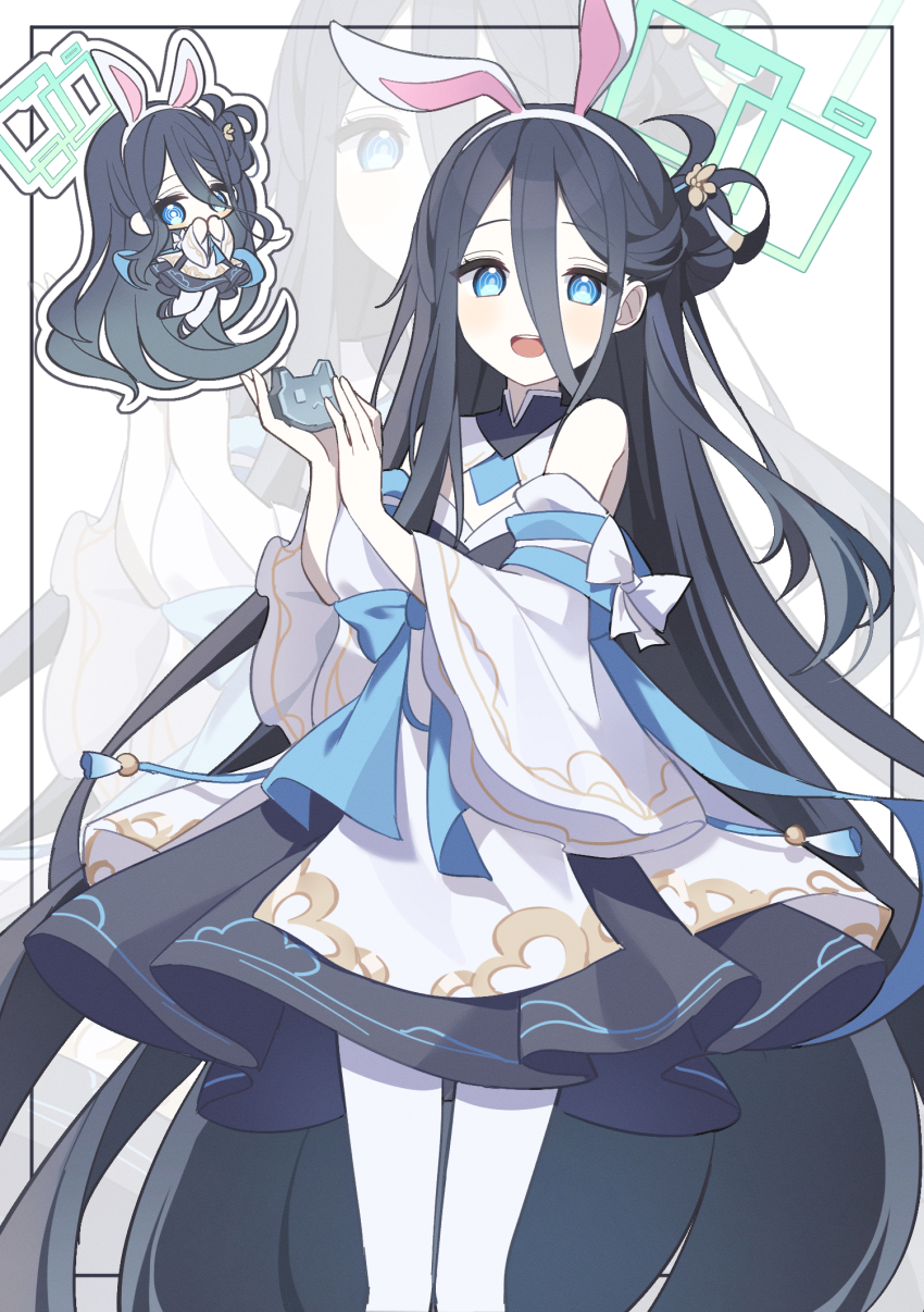 1girl, :d, absurdly_long_hair, animal-themed_food, animal_ear_hairband, animal_ears, aqua_halo, aris_(blue_archive), aris_(moon_rabbit)_(blue_archive), bare_shoulders, black_dress, black_hair, black_shoes, blue_archive, blue_bow, blue_eyes, bow, bright_pupils, chibi, chibi_inset, chinese_clothes, commentary, detached_sleeves, double-parted_bangs, dress, eyes_visible_through_hair, fake_animal_ears, feet_out_of_frame, flower, food, hair_between_eyes, hair_bun, hair_flower, hair_ornament, hairband, halo, hands_up, highres, holding, holding_food, inset_border, long_bangs, long_hair, long_hair_between_eyes, long_sleeves, looking_at_viewer, mooncake, mulook, multicolored_dress, official_alternate_costume, official_alternate_hairstyle, open_mouth, outline, pantyhose, rabbit_ear_hairband, rabbit_ears, rectangular_halo, ringed_eyes, shoes, side_up_bun, single_side_bun, smile, teeth, upper_teeth_only, very_long_hair, white_background, white_bow, white_dress, white_hairband, white_outline, white_pantyhose, white_pupils, wide_sleeves, zoom_layer