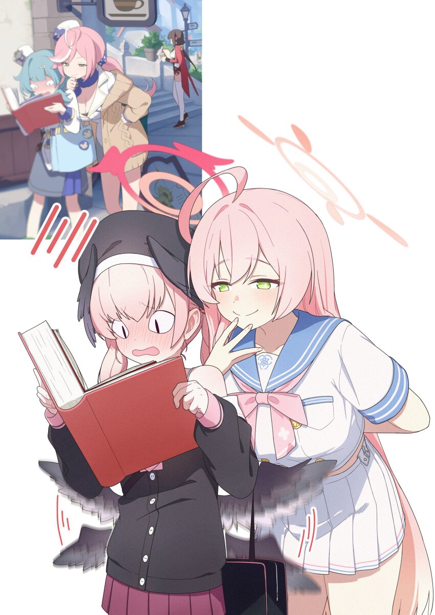 <|>_<|>, 2girls, absurdres, ahoge, bare_shoulders, beret, black_cardigan, black_hat