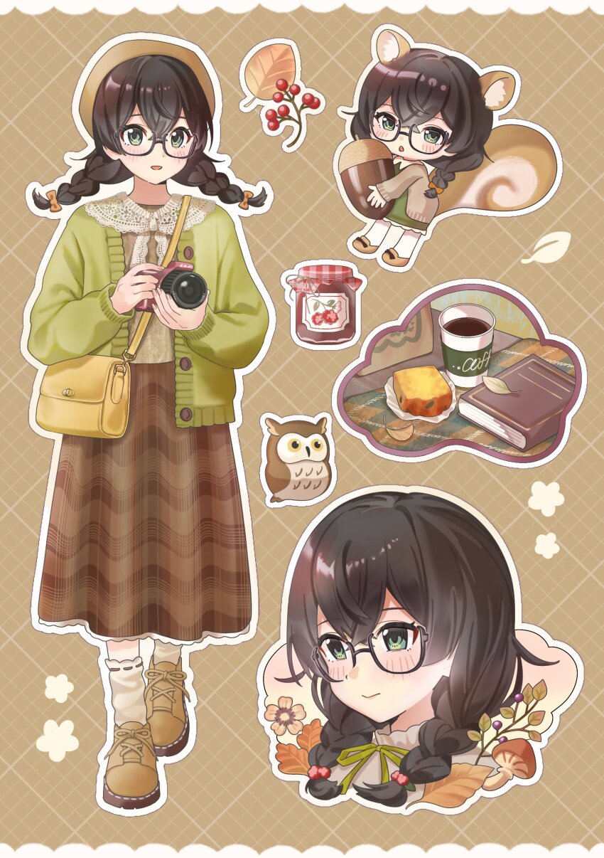 1girl, absurdres, animal_ears, bag, beret, bird, black-framed_eyewear, blush