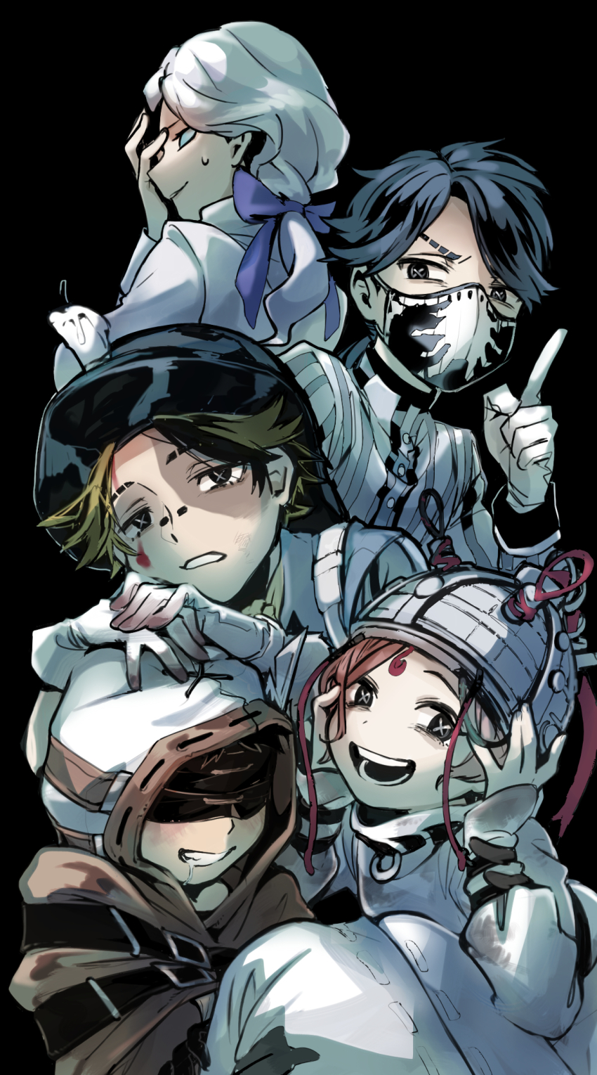 1girl, 4boys, aesop_carl, aesop_carl_(rorschach_physician), black_eyes, black_hair, black_trim, blindfold, blood, blood_on_face, blood_on_gloves, blue_bow, blue_eyes, blue_sclera, bored, bow, brown_hair, candle, chest_strap, colored_sclera, crazy_smile, cross-shaped_pupils, eli_clark, eli_clark_(binder), expressionless, furrowed_brow, grin, hair_bow, hand_on_own_face, hands_on_own_head, highres, hood, hood_up, identity_v, ieiieiiei, joseph_desaulniers, joseph_desaulniers_(hypnotist), looking_at_viewer, looking_back, looking_to_the_side, low_ponytail, male_focus, multiple_boys, norton_campbell, norton_campbell_(jarhead), official_alternate_costume, pointing, pointing_up, ponytail, robe, rown, saliva, shirt, short_hair, small_sweatdrop, smile, solid_eyes, strap, striped_clothes, striped_shirt, symbol-shaped_pupils, tracy_reznik, tracy_reznik_(cunning_smile_disease), wavy_hair, white_hair, white_robe