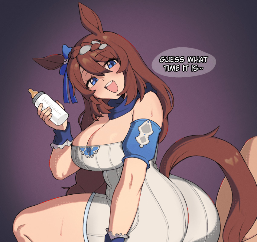 1girl, animal_ears, ass, baby_bottle, bare_shoulders, blue_scarf, blush, bottle, braid, braided_bangs, breasts, brown_hair, brown_tail, cleavage, dress, hair_between_eyes, highres, holding, holding_bottle, horse_ears, horse_girl, horse_tail, large_breasts, long_hair, looking_at_viewer, oniiyanna, open_mouth, scarf, simple_background, smile, solo, super_creek_(murmuring_stream)_(umamusume), super_creek_(umamusume), sweat, tail, thighs, umamusume, white_dress