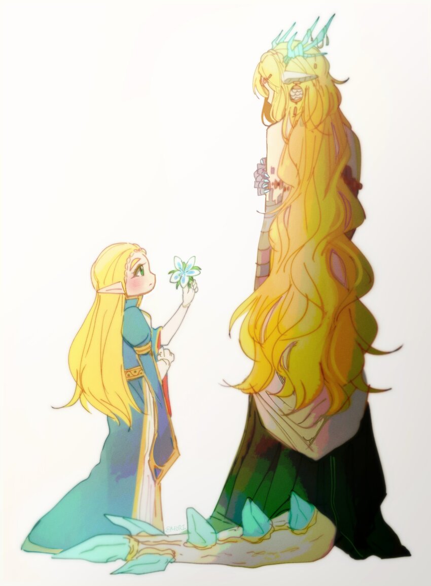 absurdres, animal_earrings, animal_ears, blue_dress, blush, braid, circlet, crown_braid, dragon_ears, dragon_horns, dragon_tail, dress, flower, full_body, gold_trim, green_eyes, hand_on_own_arm, highres, holding, holding_flower, horns, light_dragon_(zelda), long_dress, long_hair, looking_at_another, monster_arm, mori_(vvmorivv), nintendo, pointy_ears, princess_zelda, silent_princess, tail, the_legend_of_zelda, the_legend_of_zelda:_tears_of_the_kingdom, thick_eyebrows, white_background