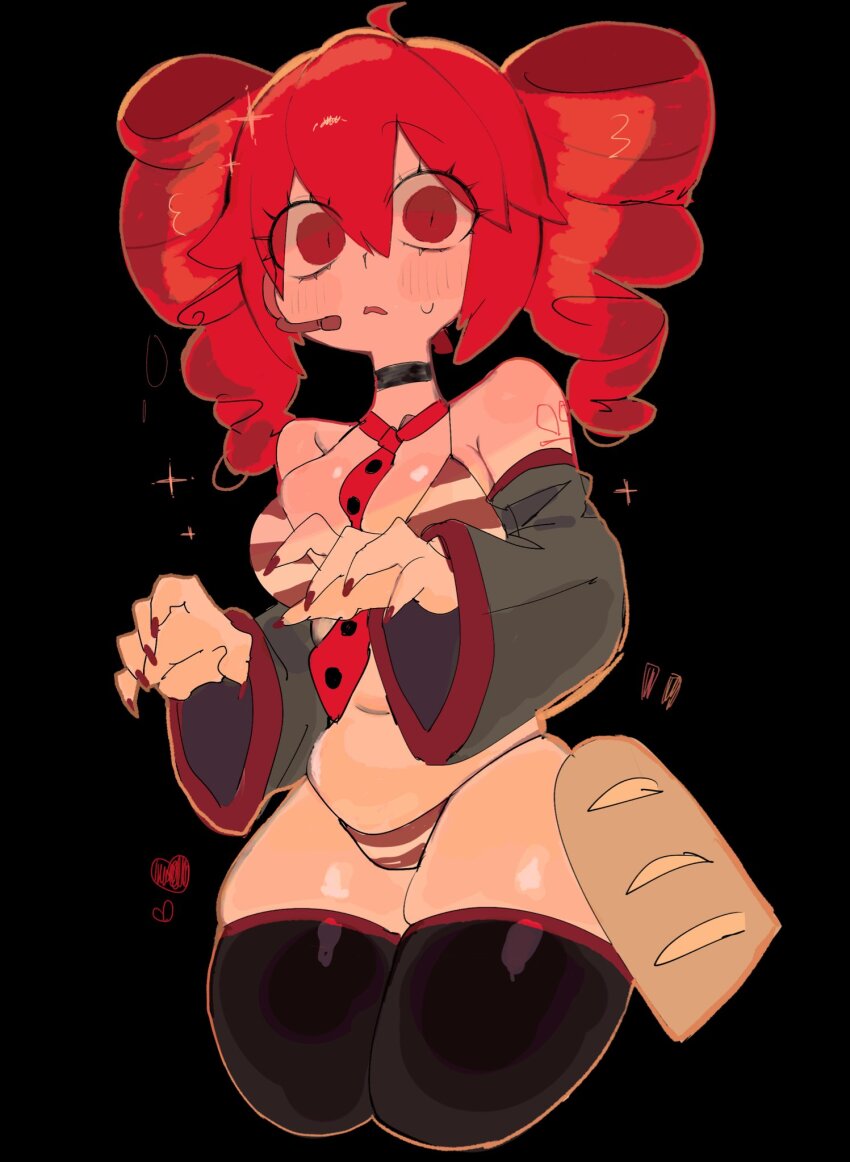 1girl, adapted_costume, ahoge, baguette, bare_shoulders, between_breasts, bikini, black_background, black_choker, black_thighhighs, bread, breasts, choker, commentary, cropped_legs, detached_sleeves, double-parted_bangs, drill_hair, eyes_visible_through_hair, food, grey_sleeves, hair_between_eyes, headset, heart, highres, kasane_teto, kasane_teto_(utau), long_sleeves, looking_at_viewer, medium_breasts, medium_hair, multicolored_bikini, nail_polish, necktie, necktie_between_breasts, number_tattoo, open_mouth, red_bikini, red_eyes, red_hair, red_nails, red_necktie, red_trim, shoulder_tattoo, simple_background, single_eyebrow, skindentation, solo, sparkle, standing, striped_bikini, striped_clothes, sweatdrop, swimsuit, tattoo, thighhighs, twin_drills, two-tone_bikini, usa37107692, utau, white_bikini, wide-eyed, wide_sleeves