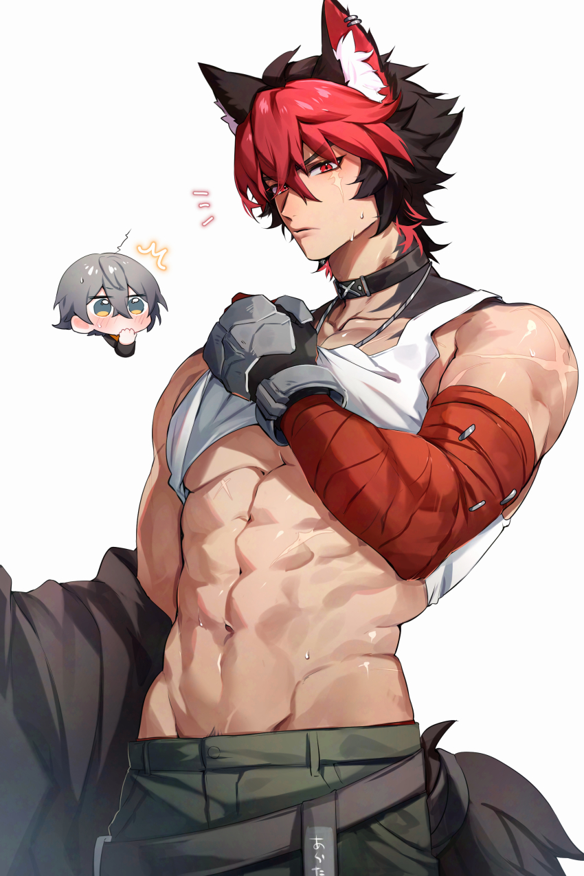 2boys, abs, absurdres, animal_ears, black_choker, black_hair, chibi, choker