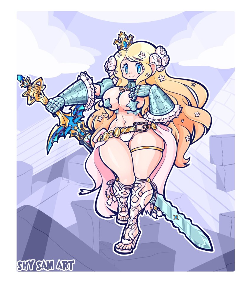 1girl, armor, bare_shoulders, bikini_armor, blonde_hair, blue_eyes, blue_gem, breasts, bridgeless_bra, cleavage, code_of_princess, crown, deluxcalibur_(code_of_princess), flower, gauntlets, gem, gladiator_sandals, gorget, greatsword, hair_flower, hair_ornament, highres, holding, holding_sword, holding_weapon, hourglass, large_breasts, long_hair, looking_at_viewer, medium_breasts, navel, pommel, sandals, shy_sam_art, simple_background, smile, solange_blanchefleur_de_luxe, solo, sword, toes, weapon, white_background, wide_hips, zweihander