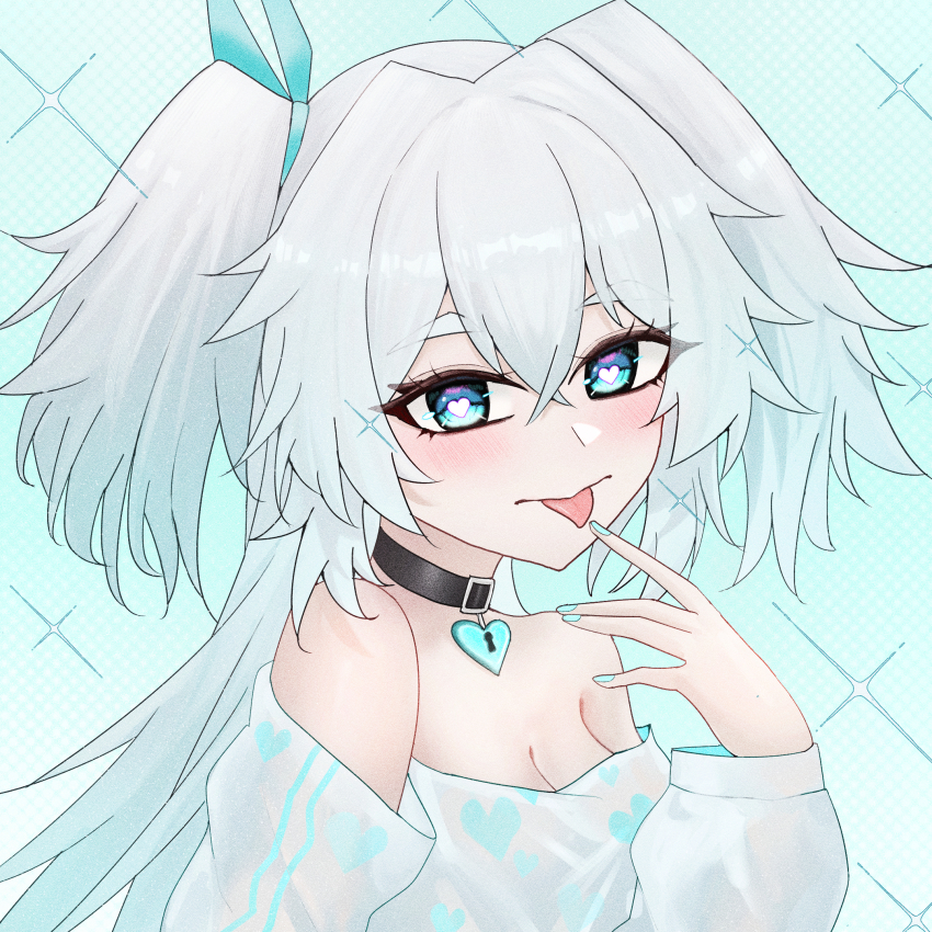 1girl, :p, aazz226652, bare_shoulders, black_choker, blue_eyes, blue_nails, blue_ribbon