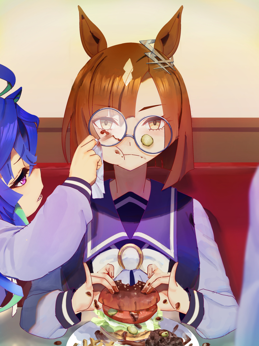 3girls, :t, absurdres, animal_ears, aqua_hair, blue_hair, bob_cut, bow