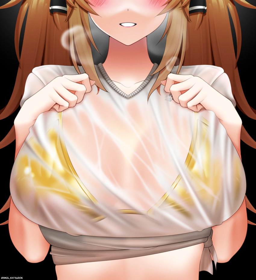 1girl, 45sensei, absurdres, bikini, bikini_under_clothes, black_ribbon, blush, breasts