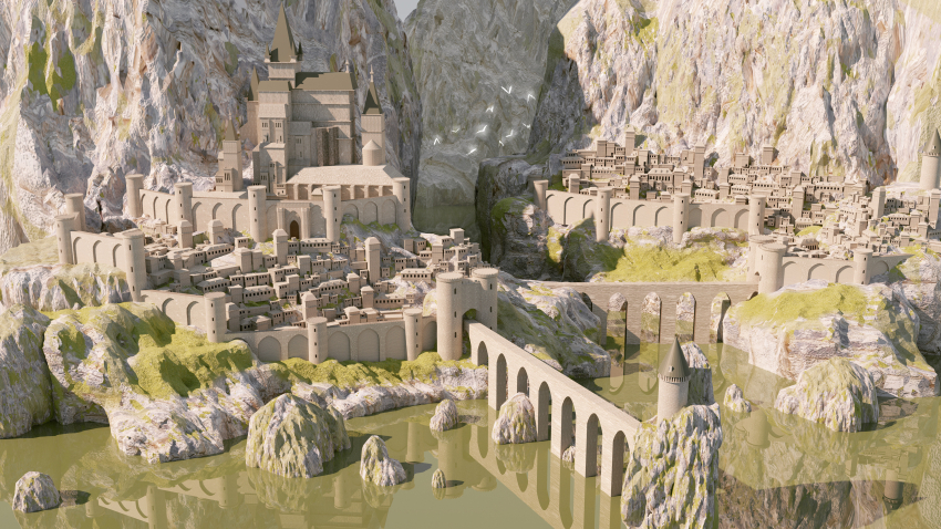 3d, absurdres, arch, bridge, building, canyon, city, cliff