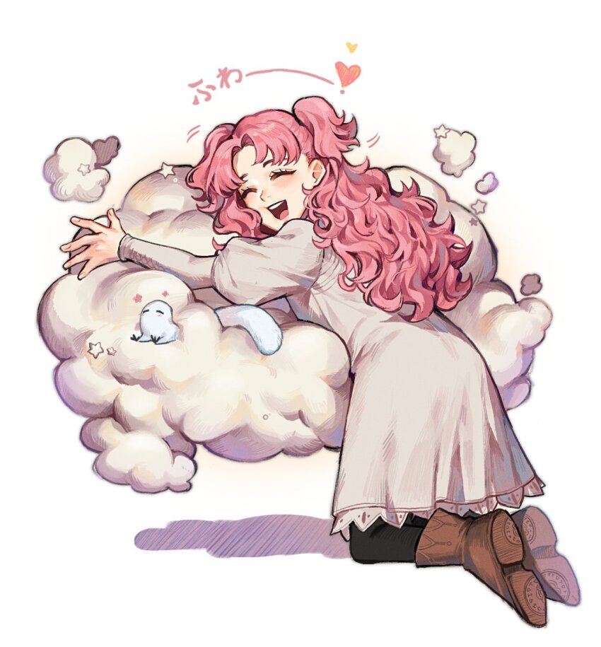 1girl, ass, blush, boots, brown_shoes, brushbuddy, closed_eyes, cloud, dress, fingernails, happy, heart, highres, long_hair, lying, open_mouth, pantyhose, pink_hair, shadow, shoes, sigil, solo, teeth, tetia_(tongari_boushi_no_atelier), tongari_boushi_no_atelier, translated, twintails, upper_teeth_only, youre_uru